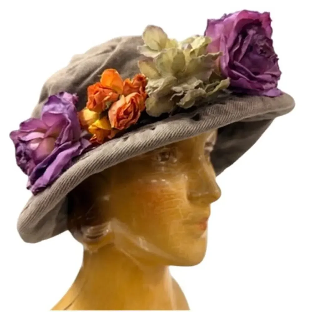 🌸 VTG 80s–90s Corduroy Garden Party Hat Floral Trim